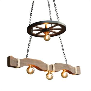Imagem de Luminária Rústica Caibro Roda De Carroça Invertida 4 Bocais Industrial Estilo Clássico Convencional Madeira Envernizada Tratada Rústico (M)