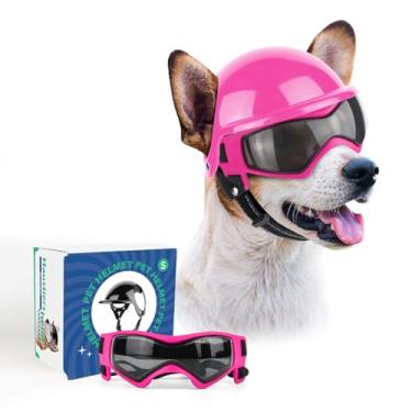 Imagem de PETLESO Capacete para cães com óculos, óculos de sol anti-UV para cães com orifícios de orelha para cães pequenos, médios, dirigir, andar de bicicleta, roupa rosa