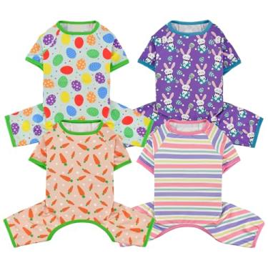 Imagem de Vehomy Pacote com 4 pijamas de páscoa para cães e animais de estimação, pijamas de páscoa, macacão de cachorro e gato com ovo de Páscoa, cenoura, coelho, listras para cães pequenos, roupas para cães