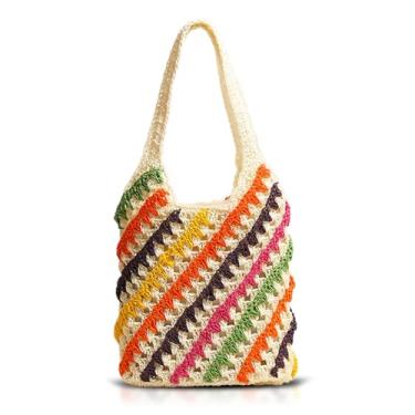 Imagem de QTKJ Sacola feminina, bolsa de praia de palha, bolsa de ombro colorida de grande capacidade, bolsas adequadas para viagens de férias diárias (estilo 14), Bege, One Size