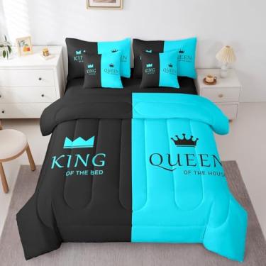 Imagem de Feelyou Conjunto de cama Queen King azul e preto, casal amante, conjunto de cama de 7 peças Sr. e Sra. Conjunto de cama com coroa para ele e ela, inclui edredom, conjunto de lençóis, fronhas e fronhas