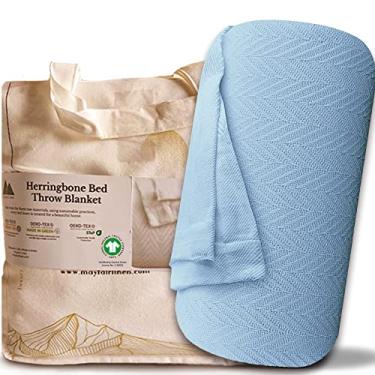 Imagem de Mayfair Linen 100% algodão puro, cobertor azul claro de luxo tamanho casal/queen - padrão espinha de peixe, cobertor de cama premium macio e aconchegante para todas as estações, 350 g/m2 e 90 x 92 com