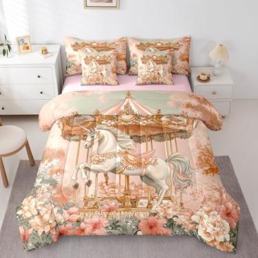 Imagem de Conjunto de cama de unicórnio floral, Queen, carrossel de princesas, parque de diversões, flores rosa, romântico, conto de fadas, 7 peças (edredom + lençol de cima + fronha + fronha)