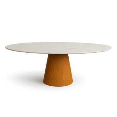 Imagem de Mesa de Jantar Cone Oval 160x90 cm Mármore Branco Extra Base Freijó - 