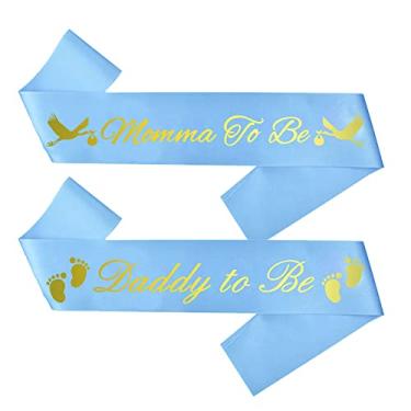 Imagem de CoolerthingsDG, Pacote de faixa de chá de bebê "Momma To Be" e "Daddy To Be", com linda imagem de cegonha (letras azuis e douradas) Decorações de festa de chá de bebê para meninos, lembrancinhas