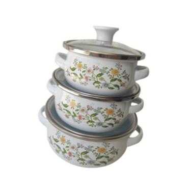 Imagem de IEUDNS 3 peças Estoque de esmalte com panela de cozinha de tampa Vintage Potes de esmalte antiaderente para fogões de indução de refeições fogões a gás, Flor