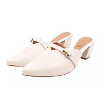 Imagem de Mule Scarpin Branco Salto Grosso Lacinho Sapato Bico Fino Verniz - EFR