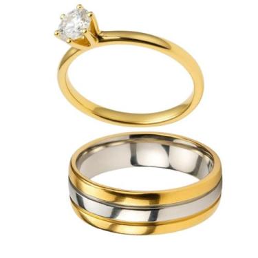 Imagem de Aliança Noivado Ouro 18k 6mm Borda Friso Prata + Anel Solitário 2mm Ou