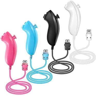 Imagem de NC 4 pacotes de controle Nunchuck Joystick Gamepad de substituição para controle Wii Nunchuck, compatível com videogames Nintendo Wii e Wii U (branco, preto, azul, rosa)