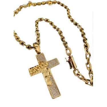 Imagem de Corrente Cadeado 6Mm Com Crucifixo Cravejado Banhados A Ouro - Tojoia1