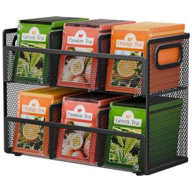 Imagem de Organizador de saquinhos de chá de 2 camadas, suporte de saquinho de chá de ferro com 6 compartimentos, recipientes de armazenamento de chá para gaveta, despensa, cozinha, armário, bancada (preto)