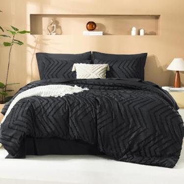 Imagem de Litanika Conjunto de edredom super king size com lençóis pretos – 7 peças, cama em um saco, tamanho king grande, boho, tufado, conjunto completo com edredom, lençóis, fronhas e fronhas