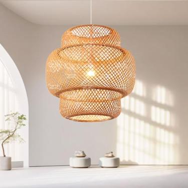 Imagem de Luminária de Teto Lustre Pendente Bambu Fee Utilidades Cayman Mini Rústico 35cm Fio Branco
