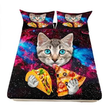Imagem de Erosebridal Jogo De Cama Galaxy Cat Tamanho Completo Para Crianças, Meninas E Meninos, Conjunto Lençóis Com Estampa Animais Coloridos Fofos, Design Comida Descolado, Capa Decoração Pizza Fronhas, Ma
