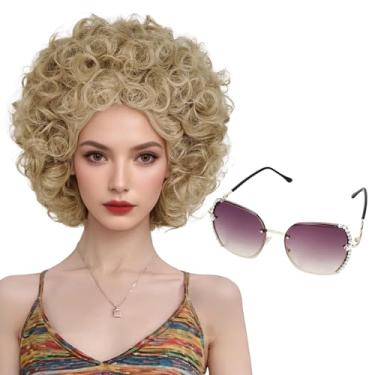 Imagem de Aicos Perucas Curtas Castanhas Cacheadas Para Mulheres, Estilo Senhoria, Anos 60 E 70, Peruca Hippie Rocker, Retrô, Afro Com Óculos De Sol Degradê, Festa À Fantasia Halloween