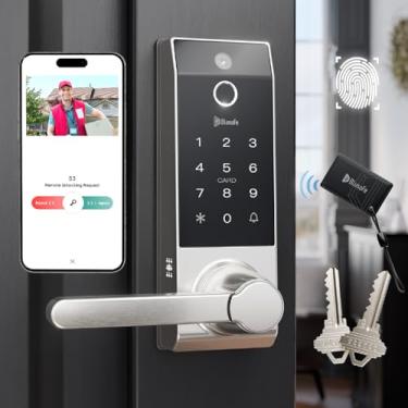 Imagem de Fechadura de impressão digital com anel de bloqueio inteligente para proprietários de casas ou pais Fechadura de porta com câmera e maçaneta para locatários, fechadura de porta de entrada sem chave