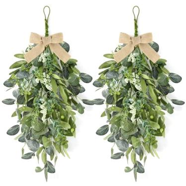 Imagem de EYNDYN Guirlandas De Eucalipto 22" Para Porta Da Frente, 2 Peças, Guirlanda Verde Em Formato Lágrima, Primavera-Verão Com Folhas Azeitonas, Frutas Vermelhas Mistas, Casa Fazenda, Varanda, Parede, Ja