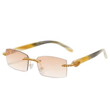 Imagem de JRLLFD Óculos de sol retrô retangular pequeno sem aro, masculino e feminino, luxuoso, sem armação, para óculos vintage masculinos, uv400 (chá amarelo)