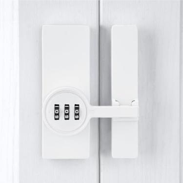 Imagem de INIRET Trava de porta de celeiro branca de 180 graus, senha de 3 dígitos sem chave, trava mecânica com senha, trava dobrável com combinação, protege a privacidade, para porta de celeiro, porta