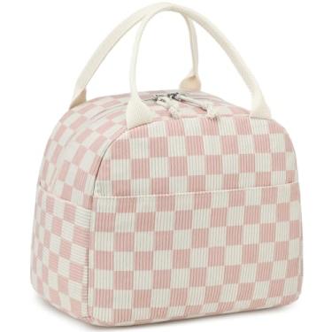 Imagem de LEDAOU Lancheira para mulheres, lancheira isolada, lancheira de veludo cotelê, à prova de vazamento, lancheira térmica para viagens, trabalho, piquenique (rosa xadrez)