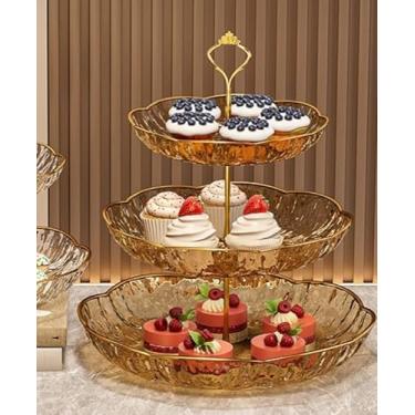 Imagem de Cesta de frutas redonda de metal de 3 camadas, suporte de armazenamento de produtos para balcão de cozinha, organizador alto de vegetais, grande capacidade (dourado)