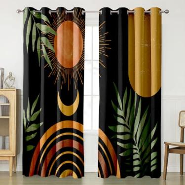 Imagem de Cortinas blecaute abstratas pretas de meados do século 203 cm de comprimento, 2 painéis, cortinas coloridas boho estéticas, pretas para quarto, vintage, arco-íris, folhas verdes, cortina com bloqueio