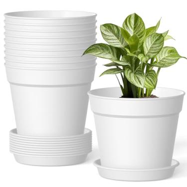 Imagem de SwinDuck Pacote com 10 vasos de plantas de 15 cm com drenagem e pires, vasos de flores de plástico branco para plantas internas e externas, vasos de berçário empilháveis para plantas domésticas e