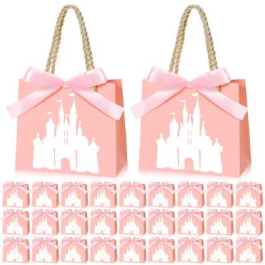 Imagem de Sinload 25 conjuntos de pequenos sacos de lembrancinha de festa de princesa com alças de fitas 13 x 6 x 12 cm rosa claro princesas doces sacolas de presente para aniversário revelação de gênero