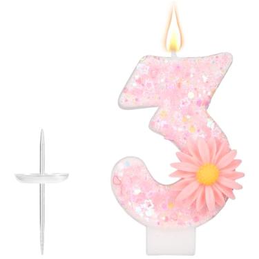 Imagem de Vela de Aniversário Rosa, 7,2cm Glitter, Flor Margarida Brilhante Vela de Números Topo Bolo Decoração Ideal para Aniversário Meninas Festa Presentes (3)