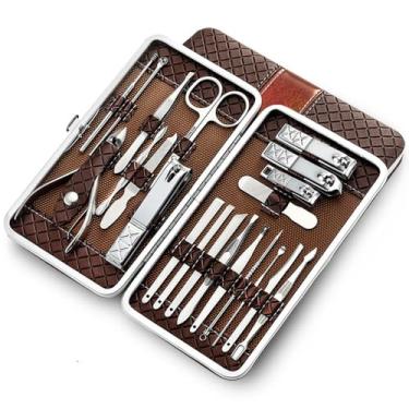 Imagem de Conjunto profissional de manicure - 21 peças - Kit de pedicure em aço inoxidável com alicate e cortador para paroníquia | Utensílios para cuidados com as unhas em casa e salão, marrom