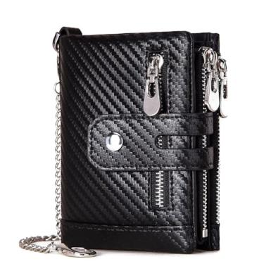 Imagem de boshiho Carteiras Dobráveis De Couro Legítimo Com Bloqueio Rfid Para Homens, Porta-Moedas Zíper Duplo E Corrente Antirroubo