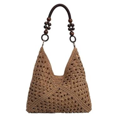 Imagem de GJHFCXSO Sacos De Palha Para Mulheres VerãO Praia Macio Grande Tote Bag Tecido Ombro Bolsa Bolsa De FéRias Saco De Crochê,Khaki