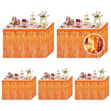Imagem de Pacote com 5 saias de mesa laranja 73 x 272 cm de folha metálica com franja de tinsel para mesas redondas retangulares flâmula de estanho para decoração de festa de aniversário, decoração de boias de