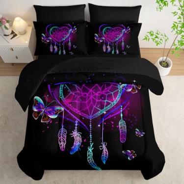 Imagem de AILONEN Jogo de edredom solteiro roxo e preto, com estampa de borboleta, apanhador de sonhos, lençol de cima, lençol de cima e 2 fronhas, 2 fronhas