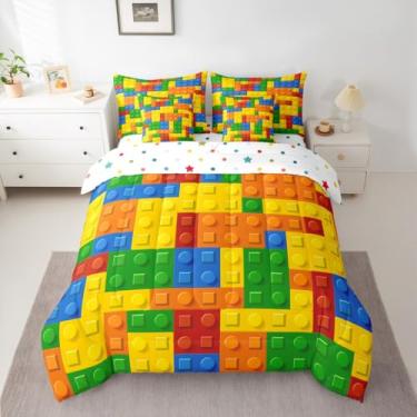 Imagem de Feelyou Conjunto de edredom infantil casal com blocos de montar, lençol de brinquedo colorido, geométrico, retangular, 7 peças, decoração divertida de quarto de tijolo para todas as estações