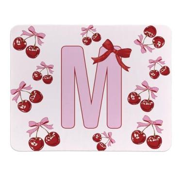 Imagem de Rusenbao Lindo mouse pad de cereja personalizado, pequeno e fofo coquete rosa com laço para mulheres e meninas, mousepads iniciais personalizáveis para laptop, computador, escritório, 24 x 19 cm