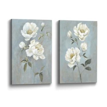 Imagem de Color Play Arte de parede abstrata em tela de flores: 2 peças de arte com estampas florais brancas vintage peônia buquê de pintura botânica para quarto, sala de estar, banheiro, escritório em casa