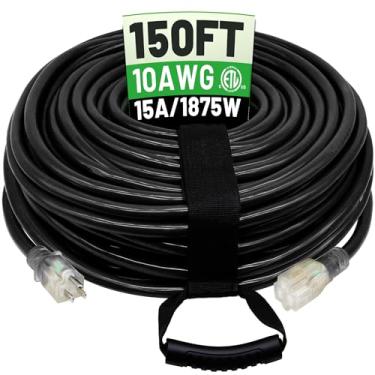 Imagem de POWGRN Cabo de extensão externo preto de 150 pés 10AWG, impermeável, resistente, calibre 10, 3 pinos, cabo de alimentação longo flexível resistente ao frio externo com extremidade indicadora iluminada
