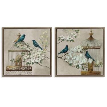 Imagem de Stupell Industries Conjunto de tela flutuante marrom Spring Bluebirds Menagerie 2 peças por Elaine Vollherbst, 25 x 25
