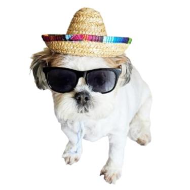 Imagem de C21 Conjunto de óculos de sol retrô para cães e gatos + chapéu de palha mexicano sombrero raças pequenas e médias 5,4 a 13,6 kg festa cosplay photoshoot adereço Halloween (preto dos anos 80 + chapéu