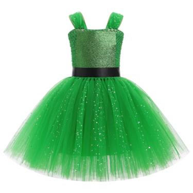Imagem de IMEKIS Toddler Halloween Costume: Kids Holographic Sparkly Tulle Tutu Dress Up Anime Character Cosplay Metallic Outfit Girls Alien Space Cowgirl 80s Birthday School Dance Clothes Green 8-9 Years
