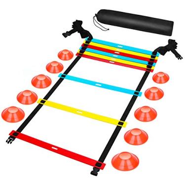 Imagem de FENGDU Equipamento de treinamento de velocidade de escada de agilidade, conjunto de escadas de agilidade esportiva de 9 degraus de 3 m, escada de treino com 10 cones de disco para futebol, velocidade,