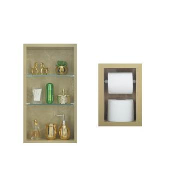 Imagem de Nicho Em Porcelanato Com Prateleira De Vidro E Porta Papel Higiênico -