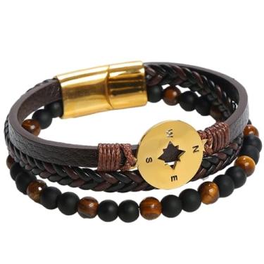 Imagem de Vendioer Pulseira masculina de couro sintético sintético de poliuretano e contas trançadas, couro Vergan, ouro e prata, fecho de pedra e bússola projetadas em preto azul e marrom, One Size, Couro
