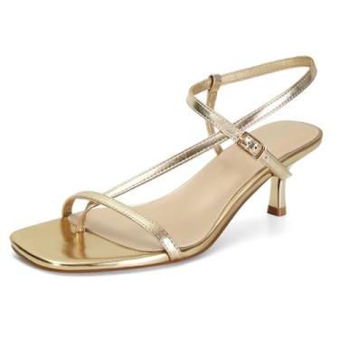 Imagem de SOVANYOU Sandália feminina de salto gatinho com tiras quadradas, bico aberto, chinelo com tira no tornozelo, Dourado, 37