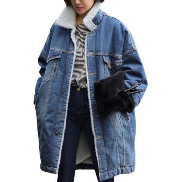 Imagem de Casaco Longo Acolchoado Moda Inverno Longo Casaco Longo Forrado De Pelúcia Denim Jaqueta Longa, Comprimento Médio Com Botões Casaco Denim Acolchoado, Blue, XXL