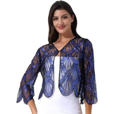 Imagem de Lantejoulas Ocas Lace Manga Longa Xale E Wraps Encolher De Ombros Frente Aberta Cardigan Jaqueta Nupcial Casamento Wraps, Blue, One Size