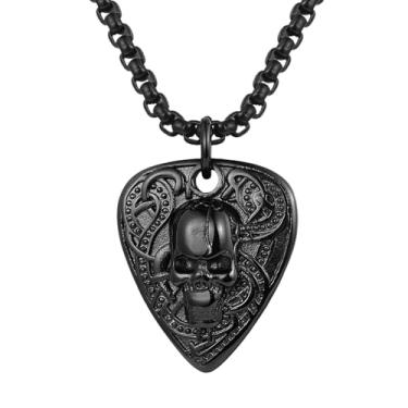 Imagem de Aroncent Colar masculino com suporte de palheta de caveira punk rock: pingente de músico personalizado de aço inoxidável com parte traseira gravável - presente de joia musical, Aço inoxidável, Sem