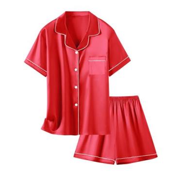 Imagem de Conjunto de pijama feminino Schbbbta, seda, cetim, poliéster, vermelho