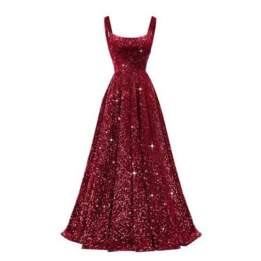 Imagem de Vestido de baile Miao Duo Wine Red Sequin A Line Plus Size com bolsos